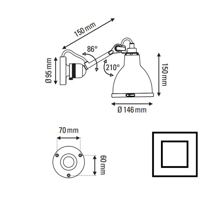 Applique de salle de bain, Lampe Gras N°304 Bathroom CLII, noir et blanc, L14,6cm, H15cm - DCW