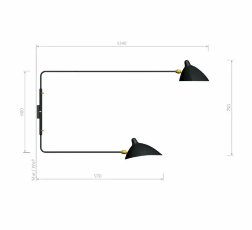 Applique double, 2 bras droits pivotants, noir, H75cm, L134cm / L97cm - Serge Mouille