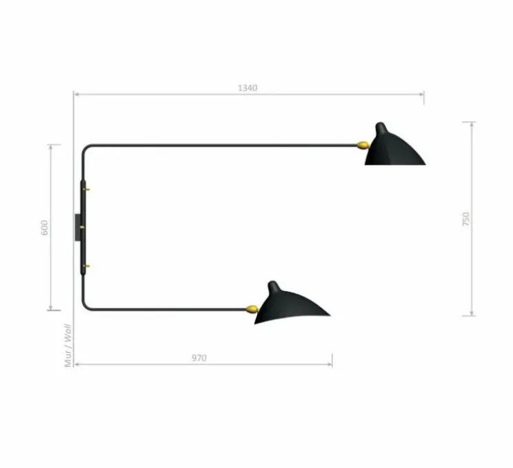 Applique double, 2 bras droits pivotants, noir, H75cm, L134cm / L97cm - Serge Mouille