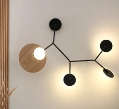 Applique murale, Ballon Wall 5, modèle B, noir et chêne, LED, 3000K, 800lm, L72,2cm, H58,9cm - TUNTO