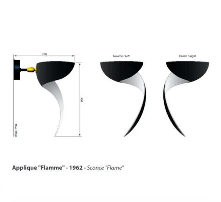 Applique murale, Flamme Gauche, noir, H30cm - Serge Mouille