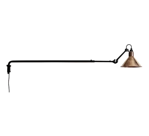Applique murale, Lampe Gras N°213, noir, abat-jour conique cuivre brut (intérieur cuivre brut), P146cm, H15cm - DCW éditions Paris