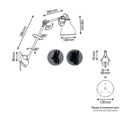 Applique murale, Lampe Gras N°222, corps noir, abat-jour rond cuivre brut (intérieur cuivre brut), L14cm, H59cm - DCW éditions Paris