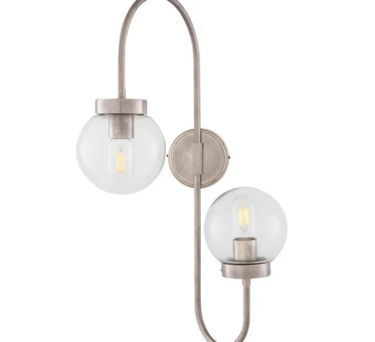 Applique murale, Winslow double, Argent antique, globe transparent, L37cm, H67cm - Mullan Lighting