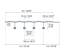 Guirlande lumineuse, Garota Catenary S/27/4L, noir et blanc, IP66, LED, 2700K, 450 lm, L500cm, H70cm - Bover