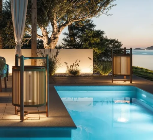 Lampadaire d'extérieur, Kando P/76/R sans fil, corde, Teck, IP44, LED, dim, 2200-2400-2700K, 680 lm, Ø49cm, H76cm - Bover