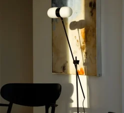 Lampadaire, Nuvol double, noir mat, pied en travertin, Ø28cm, H150cm - Contain