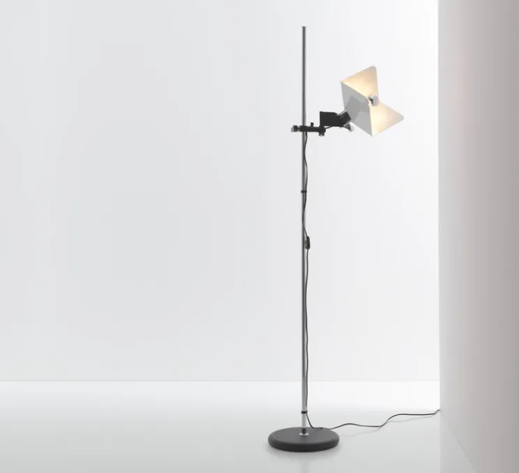 Lampadaire, Triedro, Abat-jour blanc métal brillant, métal noir, L35,1cm, H200cm - Stilnovo