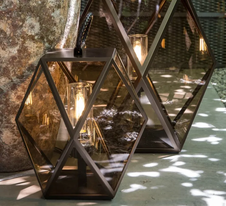 Lampe à poser d'extérieur, Muse Lantern, medium, bronze, ambre, IP68, Ø40cm, H40cm - Contardi