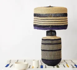 Lampe à poser, Stripe, naturel, bleu foncé, Ø35cm, H48cm - Golden Editions