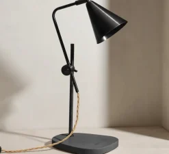 Lampe de bureau, Cone, laiton noirci, marbre gris, câble doré, L20cm, H44cm - Contain