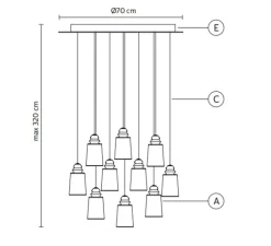 Lustre, Alibaglass, 10 x bronze pyrex Ø11cm, Ø70cm, H50cm - Karman