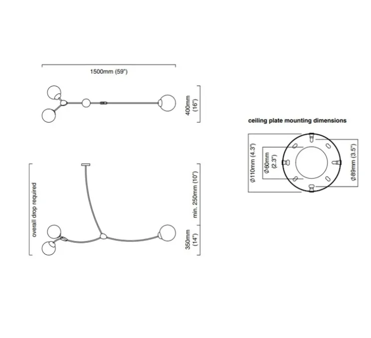 Lustre, Ivy Horizontal 3, verre fumé, L150cm, H60cm - CTO Lighting