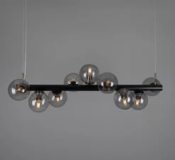 Lustre, Moriarty, noir mat, laiton antique, globe fumé, L127cm, H144,5cm - Mullan Lighting