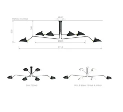 Plafonnier, 6 bras pivotants, noir, Ø271cm, H60cm - Serge Mouille