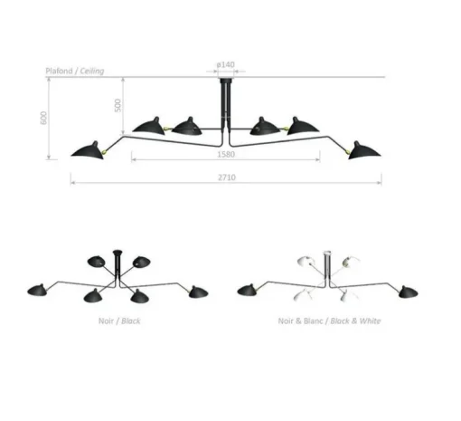 Plafonnier, 6 bras pivotants, noir, Ø271cm, H60cm - Serge Mouille