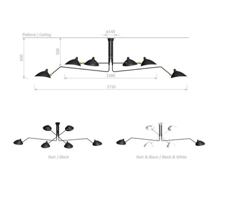 Plafonnier, 6 bras pivotants, noir, Ø271cm, H60cm - Serge Mouille