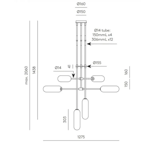 Plafonnier, Atil, noir mat et verre opalin, Ø127,5cm, H206cm - Aromas del Campo