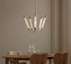 Plafonnier, Lemon squeeze penta short, acier poli, verre opalin, Ø68,8cm, H97,5-152,5 cm - Umage