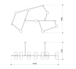 Plafonnier, Nuvol, 7 globes, laiton brossé, globe opalin, L146cm, H53cm - Contain