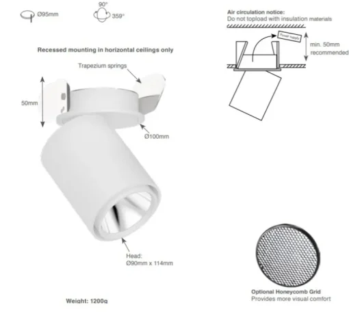 Spot semi-encastré, Atlas, noir, LED, 2700K, 1983lm, Ø9cm, H11cm - Doxis