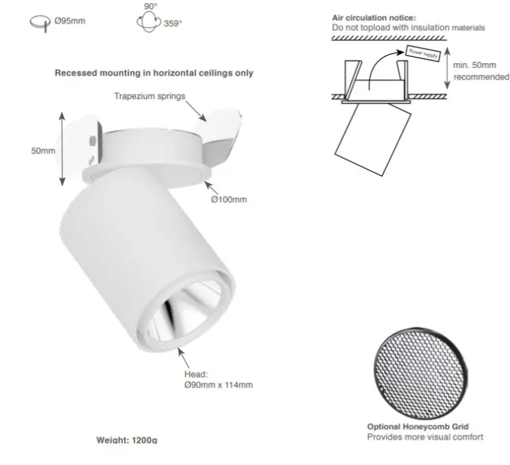 Spot semi-encastré, Atlas, noir, LED, 2700K, 1983lm, Ø9cm, H11cm - Doxis