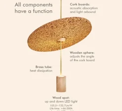 Suspension accoustique, Calma C, laiton, liège sombre, LED, 2700K, 665-836 lm, Ø48cm, H60cm - Luxcambra