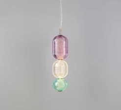 Suspension, Ashford Medium, Violet, verre transparent, vert d'eau, argent antique, LED, 2700K, 660 lm, Ø18cm, H160cm - Mullan Lighting