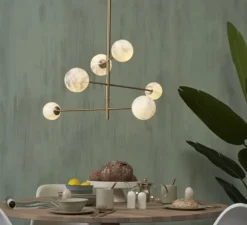 Suspension, Carrara 3 bras/6 globes, Finition Marbre blanc, laiton, Ø99cm, H95cm - It's about Romi