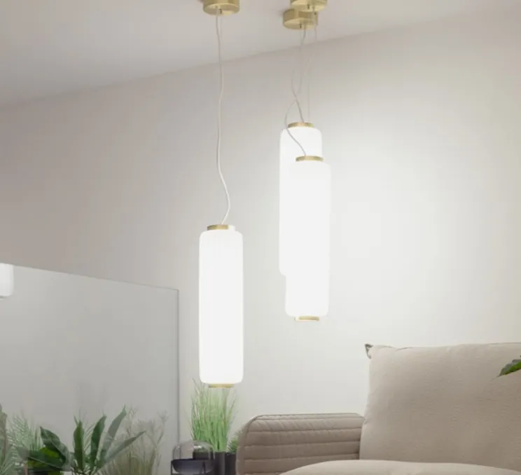 Suspension, Cordiale, Blanc, laiton satiné, LED, dim, 3000K, lm, Ø15cm, H56cm - Slide