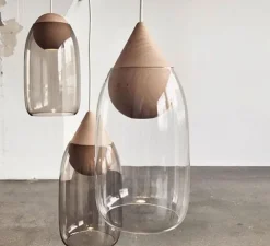 Suspension, Liuku, verre fumé, bois, Ø19,5cm, H40,5cm - Mater