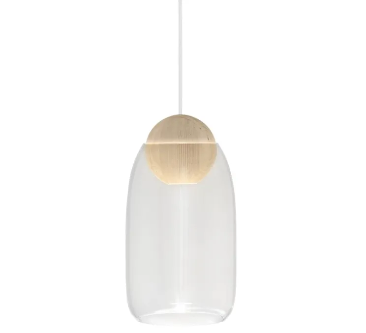 Suspension, Liuku, verre transparent, bois, Ø19,5cm, H34,5cm - Mater