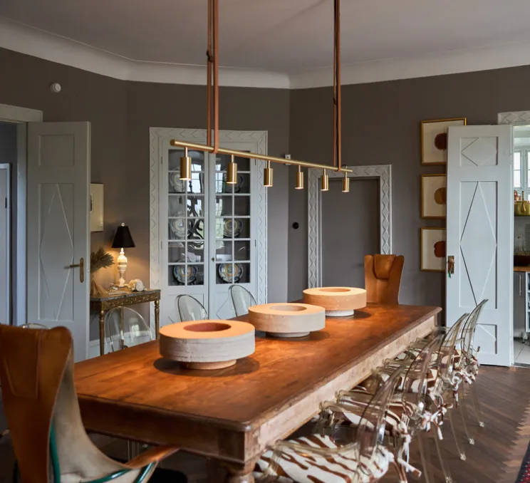 Suspension, Long John 6, Laiton, sangle en cuir marron, L220cm, H17cm - Rubn