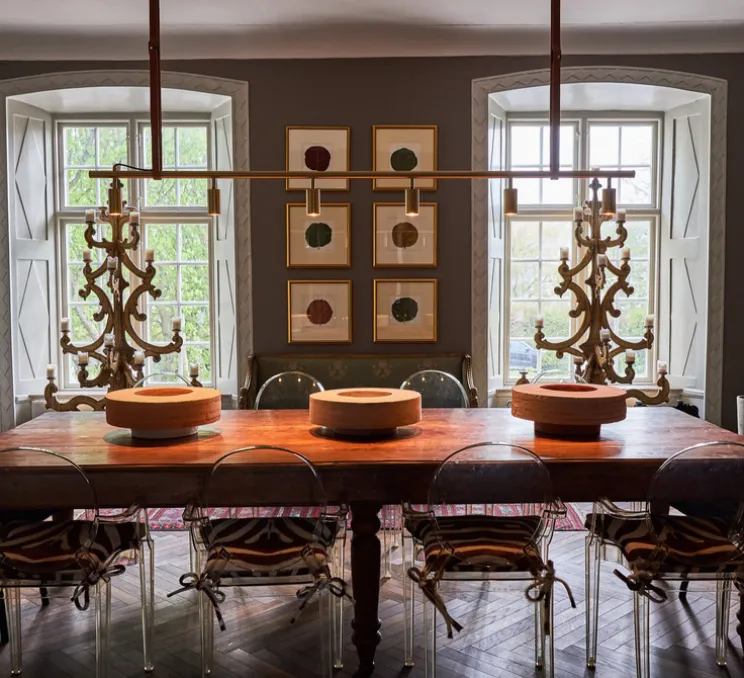 Suspension, Long John 6, Laiton, sangle en cuir marron, L220cm, H17cm - Rubn