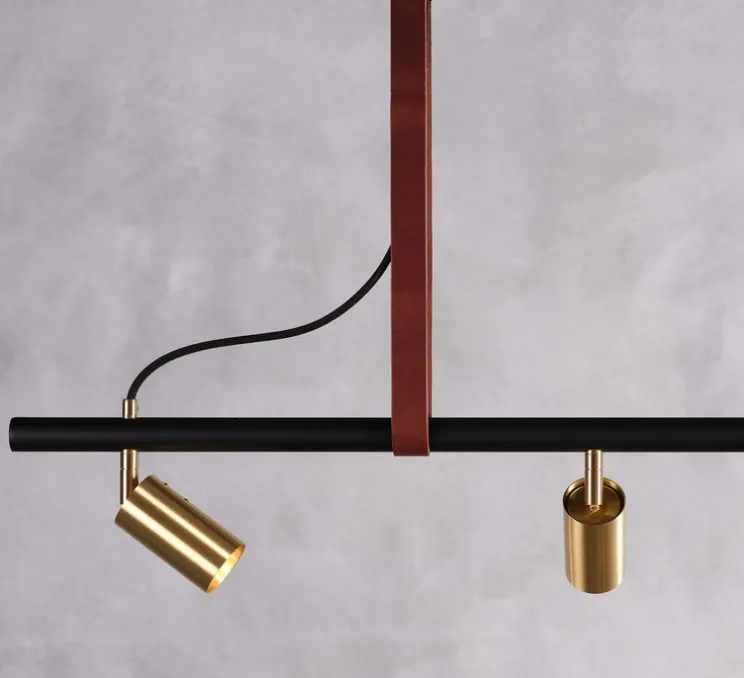 Suspension, Long John 6, Noir bronze et cuir marron, L220cm, H17cm - Rubn