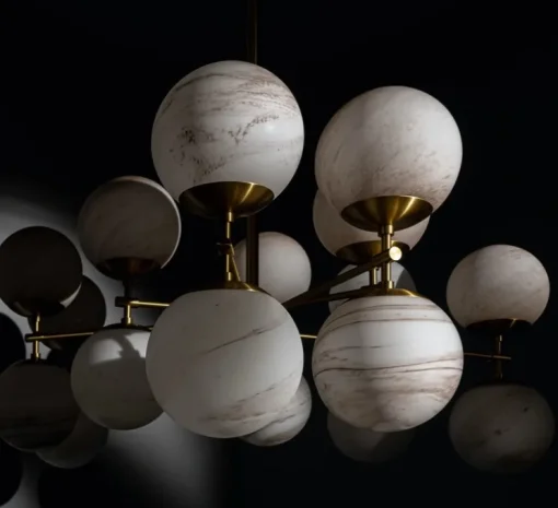 Suspension, Lustre, Zodiac, Laiton laqué bruni, marbre, L131,4cm, H62,4cm - Schwung