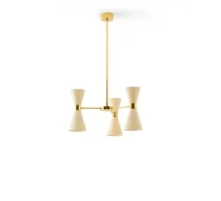 Suspension, Megafono, 3 bras, 6 abat-jour, Ivoire et or, L53,7cm, H31cm - Stilnovo