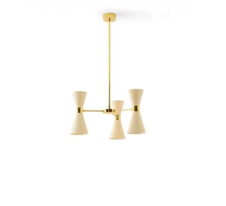 Suspension, Megafono, 3 bras, 6 abat-jour, Ivoire et or, L53,7cm, H31cm - Stilnovo