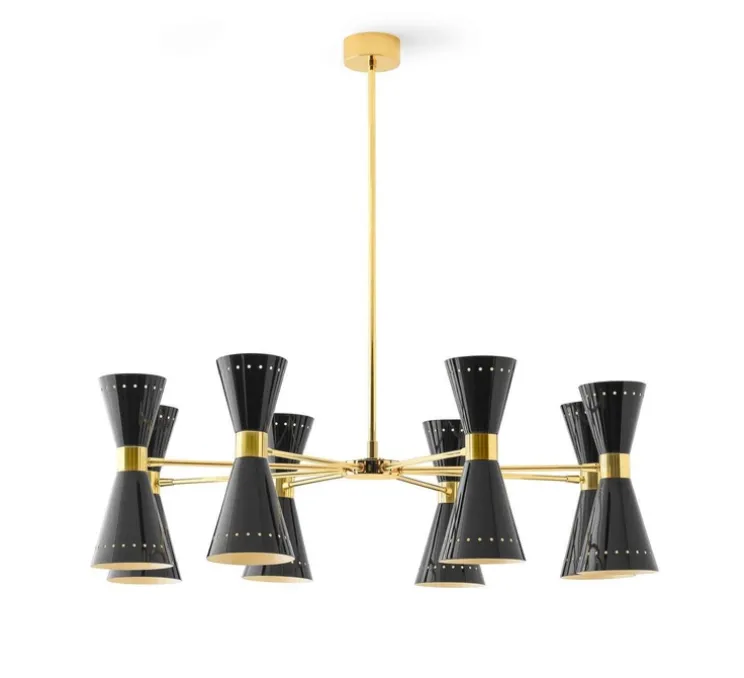 Suspension, Megafono , noir, laiton, 8 abat-jour, Ø99,9cm, H93,8cm - Stilnovo