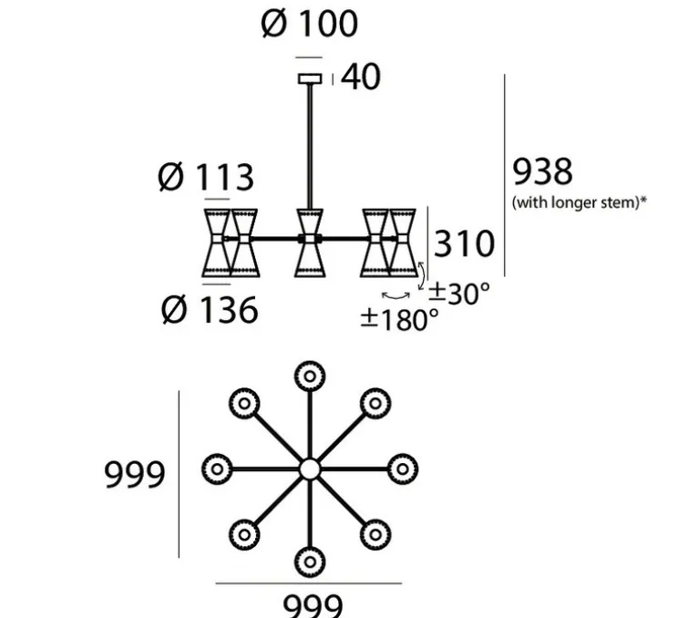 Suspension, Megafono , noir, laiton, 8 abat-jour, Ø99,9cm, H93,8cm - Stilnovo