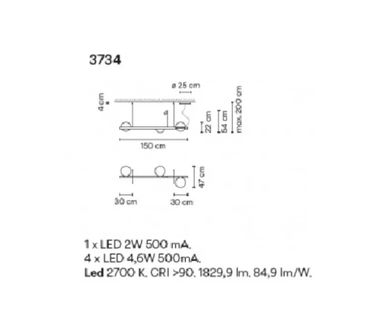 Suspension, Palma 3734, graphite, LED, 2700K, 1371lm, L150cm, H48cm - Vibia