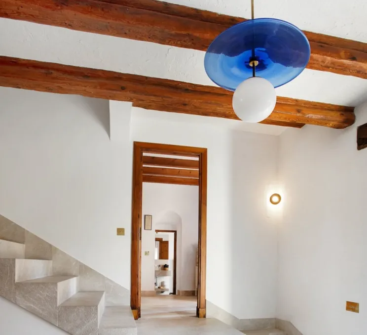 Suspension, Plat, verre transparent bleu, laiton brossé, verre opalin brillant, Ø47cm, H65,5cm - Contain