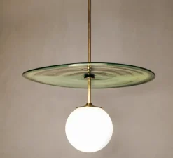 Suspension, Plat, vert, laiton vieilli brossé, verre vert transparent, globe brillant, Ø42cm, H65,5cm - Contain