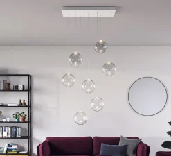 Suspension, Random solo cluster 7 pièces avec rosace, transparent, LED, dim, 2700K, 150 lm, L70cm, H54cm - Lodes