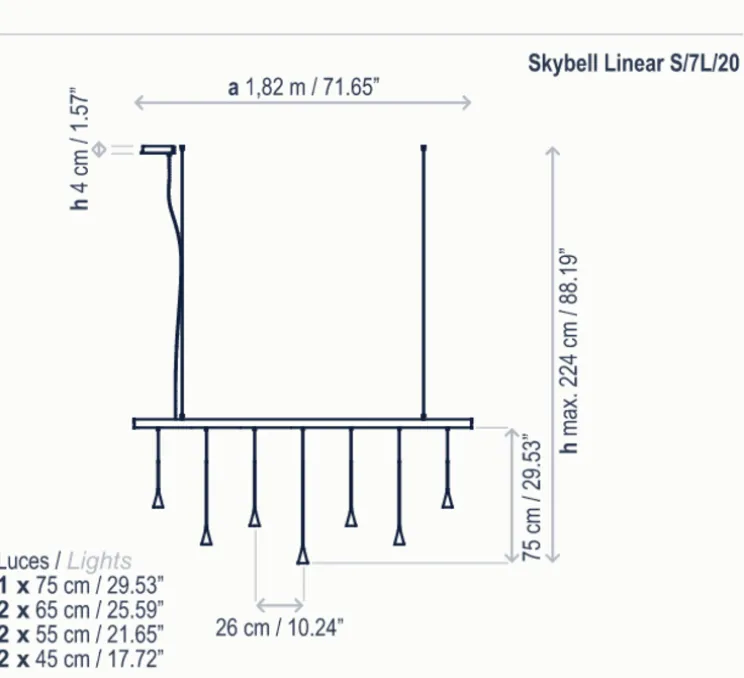 Suspension, Skybell Linear S/7L/20, noir, LED, 2700K, 2604lm, L182cm, H75cm - Bover