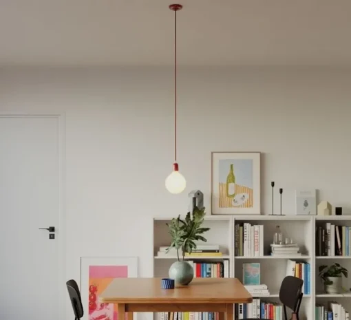 Suspension, série porcelaine, rouge, câble textile rouge feu brillant, Ø4,5cm, H6cm - Creative Cables