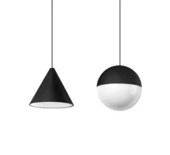 Suspension, String Light (cone, 12m, alimentation sol), noir, LED, 2700K, 1033lm, Ø19cm, H16cm - Flos
