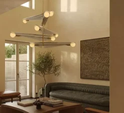 Suspension, Sycamore 5, Laiton, verre gris, Ø140cm, H186cm - Tala