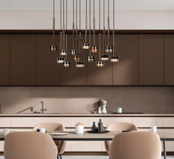 Suspension, Tonic 14 lights, transparent, chrome, bronze et cuivre, L90cm, H50cm - Mantra