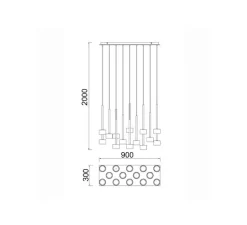 Suspension, Tonic 14 lights, transparent, chrome, bronze et cuivre, L90cm, H50cm - Mantra